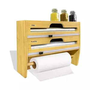 Wholesale hot sale Kitchen Wooden Foil and Plastic Wrap Organizer Bamboo Aluminum Foil Dispenser with Paper Towel Holder