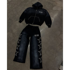 新潮流街时尚男士宽松散装拉链连帽衫带水钻设计太阳褪色男士图案连帽衫夹克腌制 - Product Image 3