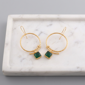 Green onyx square gemstone dangle drop <b>earring</b> brass 18k gold plated texture finish big circular design <b>hook</b> <b>earring</b> for women - Product Image 6