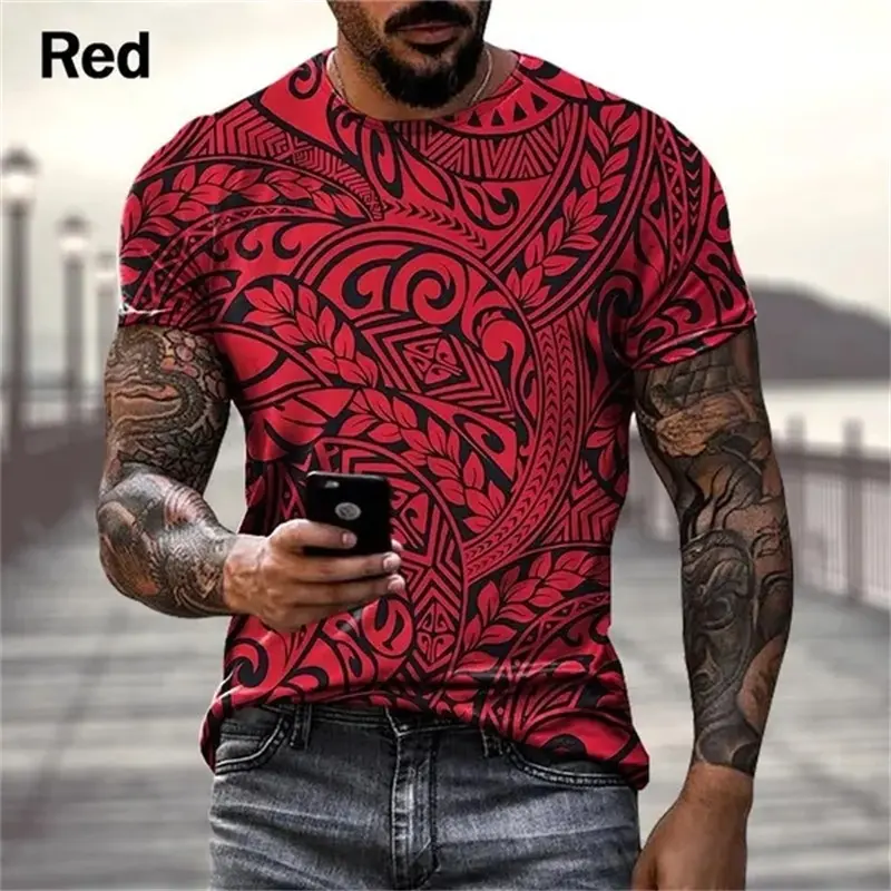 Camiseta masculina de manga curta com estampa 3D, camiseta casual de grandes dimensões para homens, moda de rua, personalidade, arte de tatuagem polinésia