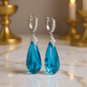 E1850 Orecchini a goccia con cristalli color verde acqua, argento 925 placcato rodio, orecchini a goccia classici per donna, gioielli da festa - Product Image 2