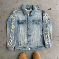 Veste en jean personnalisée avec broderie d'appliques Patch Veste vieillie Pantalon de survêtement en jean lavé Ensemble veste en jean et pantalon de survêtement