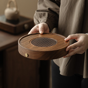 Guanlan Walnut Wood <b>Tea</b> Tray Round Water Storage Drainage Solid Wood Dry Brewing Table Small <b>Tea</b> <b>Set</b> Tray Home Use - Product Image 1