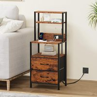 Table de chevet rustique moderne haute avec lumière LED et station de charge, 2 tiroirs, table d'appoint étroite avec étagères ouvertes pour chambre/bureau