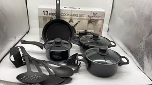 SJA002-ollas y sartenes antiadherentes de hierro fundido negro, 13 piezas, juego de utensilios de cocina, gran oferta