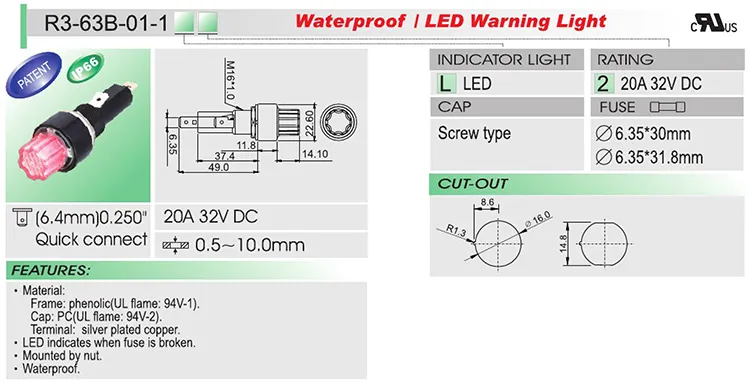 מחזיק נתיך R3-63B עמיד למים 20A 32V DC של טייוואן SCI תואם את ROHS UL צינור בטיחות IP66