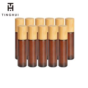 HOT Brown Amber clear Frosted Glass <b>Roll</b> <b>on</b> Bottles 10ml Empty Refillable Bamboo Cap Dispense Sample Essential Oil Container - Product Image 3