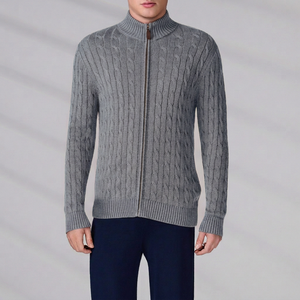 Custom Knitted Jacket Polo Knitwear Classic Winter <b>Long</b> Sleeve Cable Full Zip Cotton Sweater <b>Cardigan</b> <b>Men</b> - Product Image 6