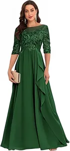 Vestidos de Encaje y Gasa para Madrina de <span class=keywords><strong>Boda</strong></span>, <span class=keywords><strong>Vestido</strong></span> Largo Formal de Noche con Mangas, Corte en A, para Invitadas y Madres de los Novios - Product Image 4