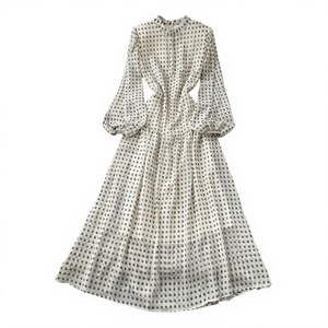 Women Maxi Dress High Neck Lantern Sleeve Polka Dot A-Line Loose Boho <b>Vintage</b> Woven Viscose Full Sleeve Flared Hem - Product Image 4