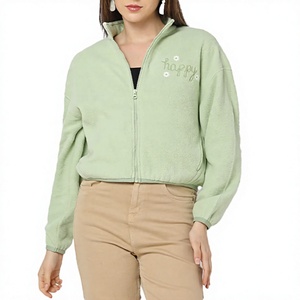 Chaqueta de Forro Polar Verde Claro para Mujer, con Cierre, Bordado Alegre, Hombros Caídos, Estilo Casual, Corta, para Otoño - Product Image 1