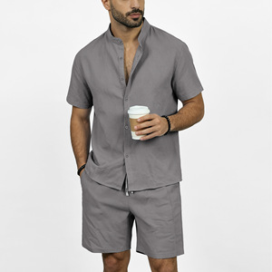 <b>Men</b> Linen <b>Shirt</b> Set Short Sleeve Henley Collar Solid Color Breathable Summer <b>Beach</b> Wear - Product Image 3