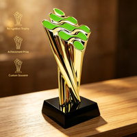 Trophée métallique personnalisé en gros, ruban torsadé vert et or, base noire, impression UV, poli, portable, respectueux de l'environnement