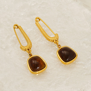 Zogxin Brown Natural Stone Clip-on Earrings Gold Geometric Bezel Setting Party Jewelry - Product Image 2