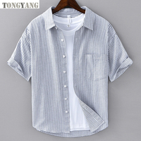 TONGYANG rayé 100% coton chemise hommes été revers Blouses à manches courtes chemises de base pour hommes décontracté col rabattu hauts