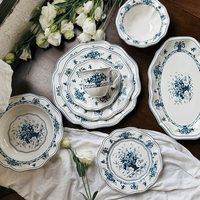Vaisselle en céramique, impression de fleurs bleues, assiettes à dîner en céramique, assiettes rondes en porcelaine nordique, bols à salade, vaisselle