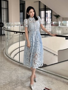 <span class=keywords><strong>Vestido</strong></span> casual largo Bettergirl 2026 para Ramadán, <span class=keywords><strong>azul</strong></span> claro, con bordado calado a láser, corte ajustado. - Product Image 1