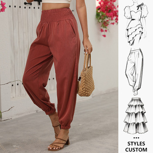 Pantalon de jogging ample taille haute pour femme, style hip-hop, <span class=keywords><strong>rouge</strong></span> <span class=keywords><strong>brique</strong></span> uni, ourlet élastique, poches plates, longueur <span class=keywords><strong>cheville</strong></span>, léger, OEM ODM - Product Image 2