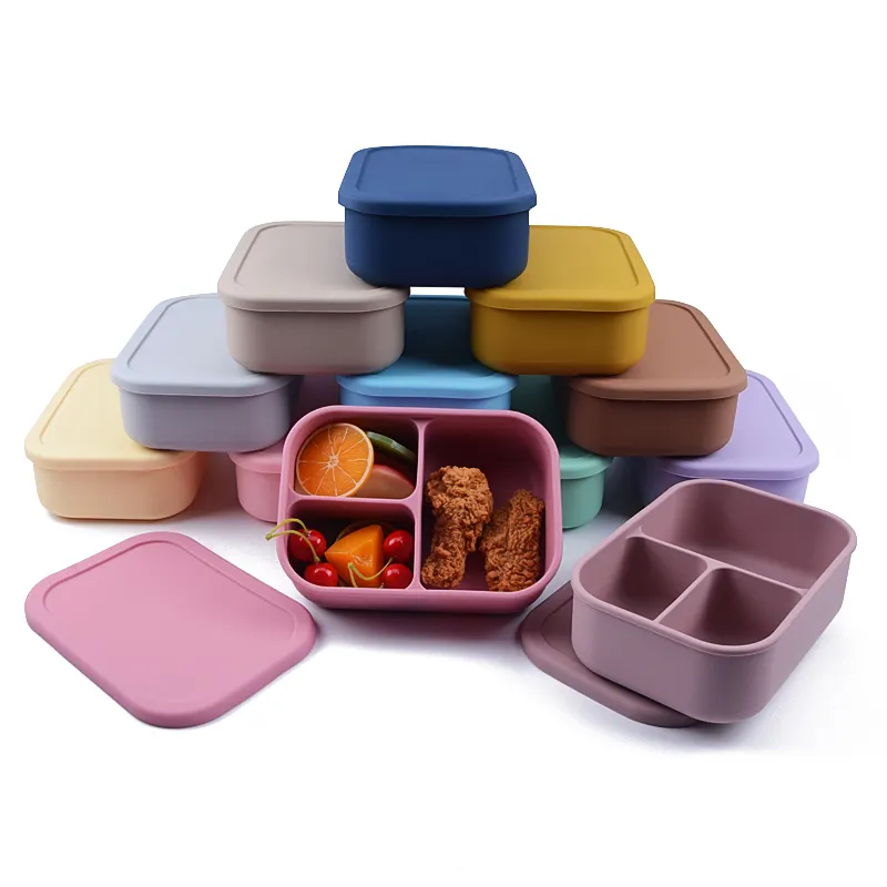 Fiambrera de silicona de grado alimenticio para niños, caja Bento portátil de silicona, contenedor de almacenamiento de alimentos con 3 compartimentos