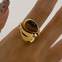Anillos Sofisticados de Acero Inoxidable con Perlas en Forma de Lágrima, Resistentes al Agua, Chapados en Oro, con Ojo de Tigre Azul Marrón