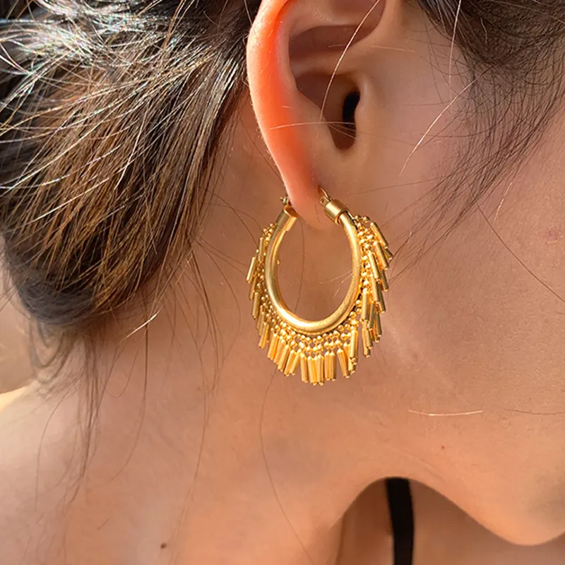 27mm Multi Beads Flexible Tassel Hoop Earrings 18K Gold Plated Fringe Earrings French Statement Luxury Holiday Bohemian Jewelry