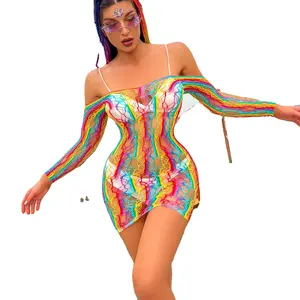 women's Sexy Girl Lingerie Fishnet body stocking Rainbow striped Mesh See Through Underwear for ladies hollow out bodysuit