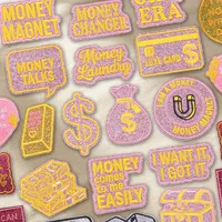 Patchs thermocollants personnalisés de haute qualité, brodés de paillettes roses, motifs dollar, billets et barres d'or, avec logo, pour veste, vente en gros