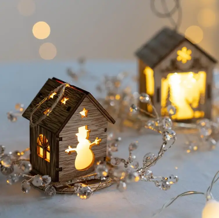 Mini pupazzo di neve in legno alce fiocco di neve natale LED casa del villaggio luce per albero di natale appeso ornamenti regalo decorazioni