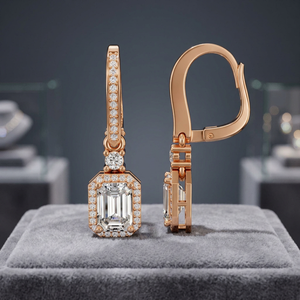 Emerald Cut Lab Grown Diamond Dangle <b>Earrings</b> <b>14K</b> <b>Gold</b> Halo Lever Back <b>Hoop</b> Jewelry for Women - Product Image 2