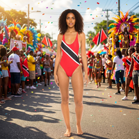 Traje de baño de una pieza a rayas rojas de corte alto para el lunes del Carnaval de Trinidad 2027, atuendo J'ouvert, venta al por mayor de fábrica, OEM, ropa de baño.