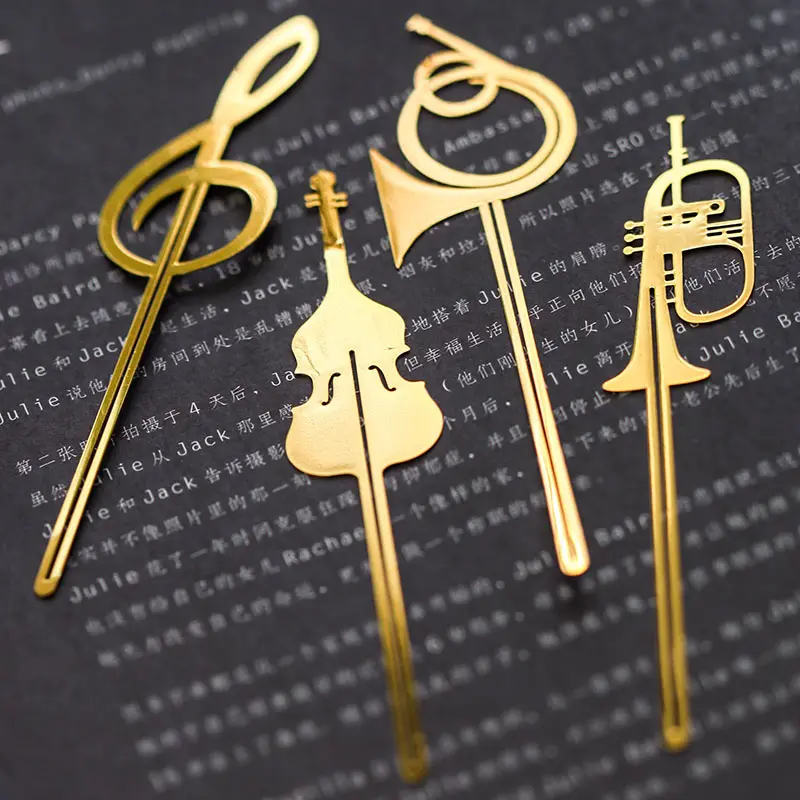 Marcador de papel kawaii, instrumentos musicais dourados para violino, trompete, nota musical, livro de metal