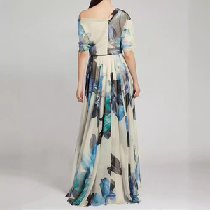 Off The Shoulder Chiffon Maxi <b>Dress</b> Blue Apricot <b>A</b> <b>Line</b> One Shoulder Print Long <b>Dress</b> Summer Resort Style - Product Image 3