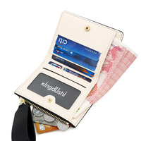 Dompet Wanita Lipat Dua Kulit PU Pendek Dengan Tali Pergelangan Tangan, Kantong Koin Resleting, Banyak Slot Kartu, Dompet Kecil Wanita, Logo Custom