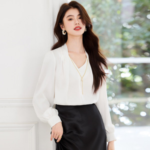 Yellow V-Neck Chiffon Shirt With Wrap Detail Office Wear Women's Blouse Long Sleeve Solid Color Polyester Top - Product Image 3