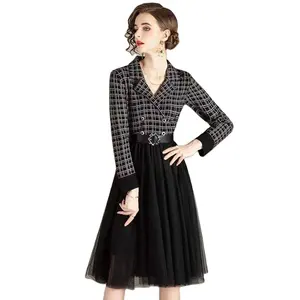 Spring, autumn and winter age reduction and thin two-piece suit autumn new style mesh over the knee small fragrant wind knitted
