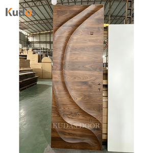 Porte d'entrée en bois massif en noyer sculpté en 3D, design ondulé moderne et artistique, porte principale extérieure de villa, porte de sécurité insonorisée - Product Image 3