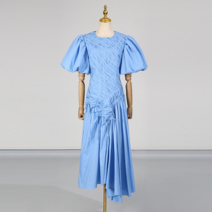 Vestido Largo Asimétrico para Mujer, Nuevo Estilo, Cuello Redondo, Manga Abullonada, Cintura Ajustada, Vestidos Plisados de Moda - Product Image 5