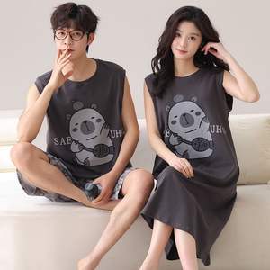 Verano hombres PJ mujeres pijamas a juego parejas vestido de noche para Pijama Femme E Homme <span class=keywords><strong>Coton</strong></span> sin manga pareja pijamas conjuntos - Product Image 2