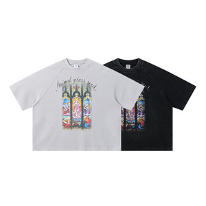 Vêtements pour hommes |   T-shirt à manches courtes ample et respirant <span class=keywords><strong>en</strong></span> tissu gaufré délavé et vieilli, style streetwear américain, coupe raglan, motif original - Product Image 1