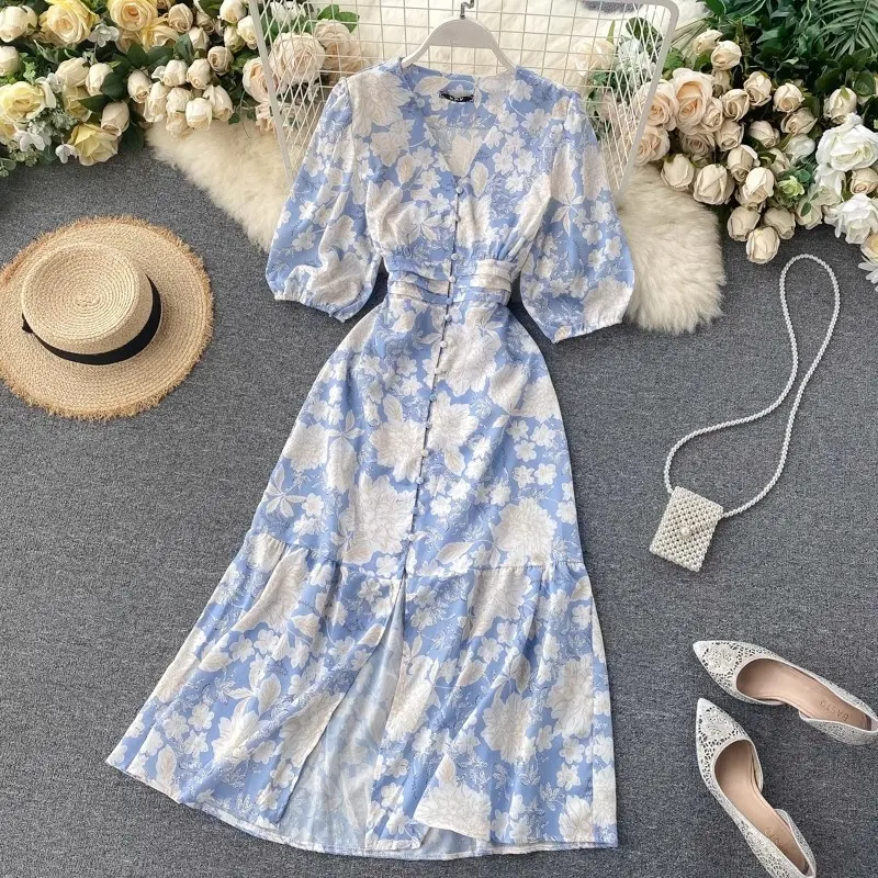 Y307001 Лидер продаж Новое модное летнее платье миди с цветочным принтом и коротким рукавом V-образным вырезом для женщин