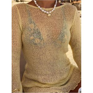 Robe cache-cœur transparente en nylon/acrylique pour femme, col bateau, manches longues, mini-robe moulante, tenue de vacances - Product Image 5