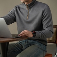 Camiseta de Manga Larga para Hombre de Alta Gama, Estilo Vintage a Rayas, Cuello Alto, Corte Holgado, Tejido Sintético Mezclado, Jacquard, Ligera y de Lujo