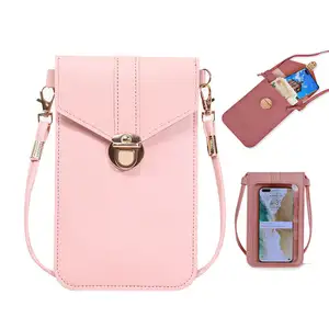 Dompet koin wanita kulit PU layar sentuh tas telepon seluler untuk casing selempang bahu iPhone Apple