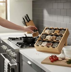 Bamboo Countertop Spice Rack Housewarming Gift <b>Set</b> of Spice Rack 12 Pre-filled Spice Jars Wood Storage Holder - Product Image 3