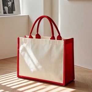 Sac fourre-tout en toile personnalisé imprimé, patchwork bicolore avec poignées roulées pour promotion de cadeaux - Product Image 1