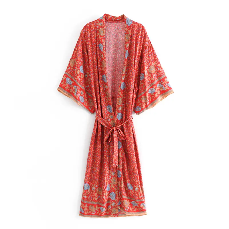 Оптовая продажа, красные кимоно с цветочным принтом и рукавами «летучая мышь» из вискозы и хлопка в стиле бохо для женщин