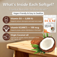 Cápsulas Blandas de Vitamina D3K2 en Oferta, Vitamina D3 10,000 UI + K2 MK-7 200 Mcg, 300 Cápsulas Blandas, Apoyo Inmunológico y Cardíaco con Aceite de Coco