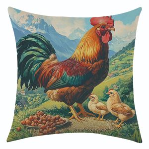 Funda de cojín cuadrada de estilo nórdico con diseño de gallo y pollitos para sala de estar, funda de almohada decorativa, diseño extraíble - Product Image 3