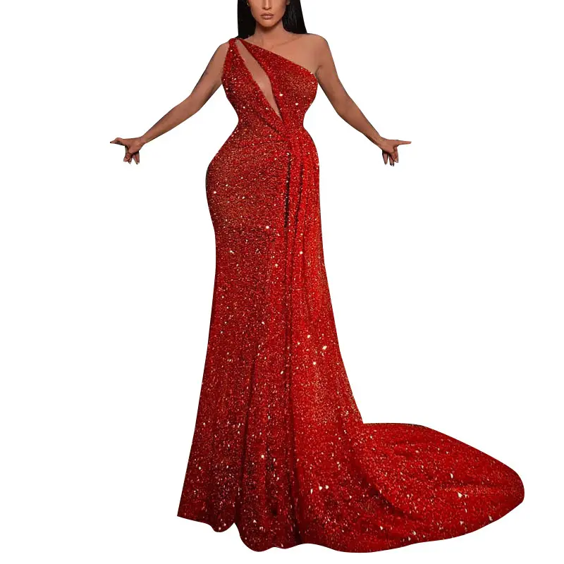Magicmk Red Sequin Bodycon Dress Women Prom Dress One Shoulder Evening Dress