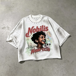T-shirts personnalisés en coton épais avec logo et impression <span class=keywords><strong>graphique</strong></span>, coupe courte, effet vieilli, strass, délavé à l'acide, coupe carrée, faible MOQ, fabricant - Product Image 3
